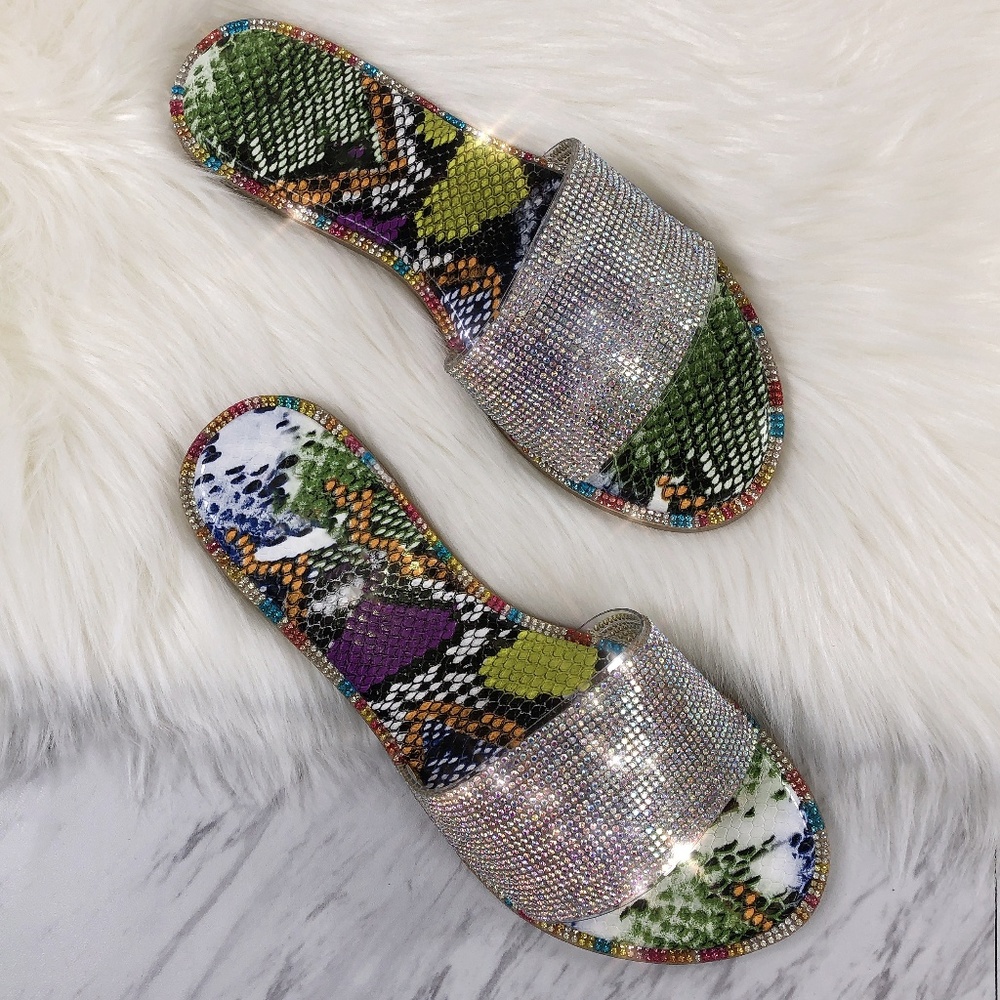 SNAKE PRINT RHINESTONE BLING FLAT SANDALS SLIDES